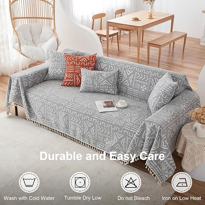 VClife Boho Couch Cover for 3 Cushion Couch Sofa Durable Soft Chenille Sofa Slipcover for Sectional Sofa, 1 PC Multi-Functional Sofa Covers Protector, Gray and White Furniture Protector 71" x 134"