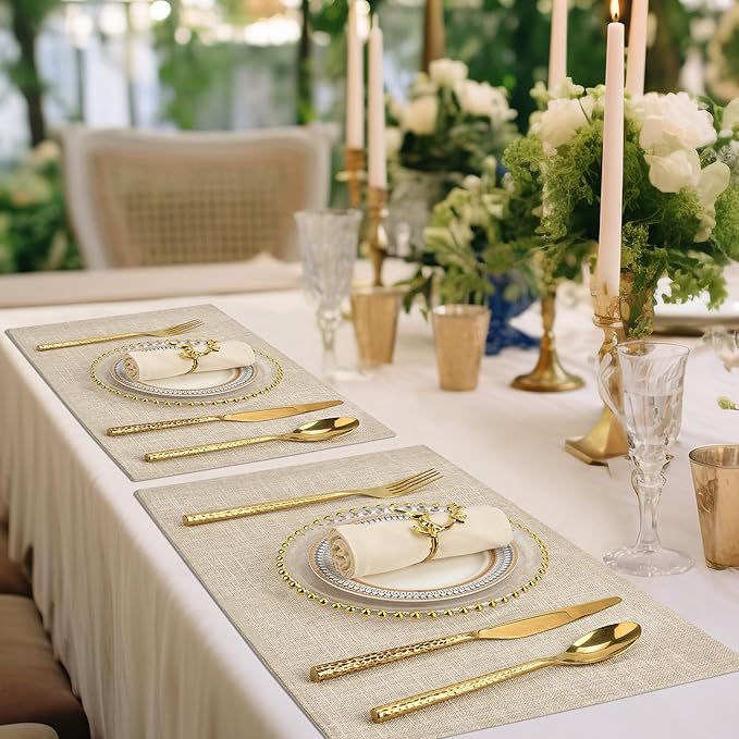 SLKQG Linen-Look Fabric Placemats Set of 4, Heat Resistant & Machine Washable Double-Layered Cloth Placemats for Dining Table, Indoor/Outdoor Use, Non-Slip Kitchen Table Mats (4, Beige Cream)