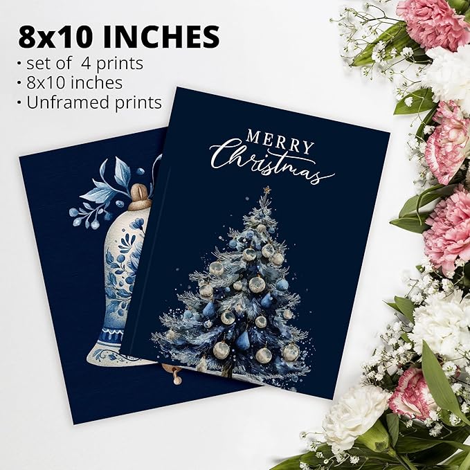 AEHIE Chinoiserie Blue and White Christmas Wall Art Poster Prints for Home Living Room Bedroom Kitchen, Winter Holiday Artwork Poster Blue Xmas Tree Bell Snowflake Decorations Unframed 4pcs 8x10inch