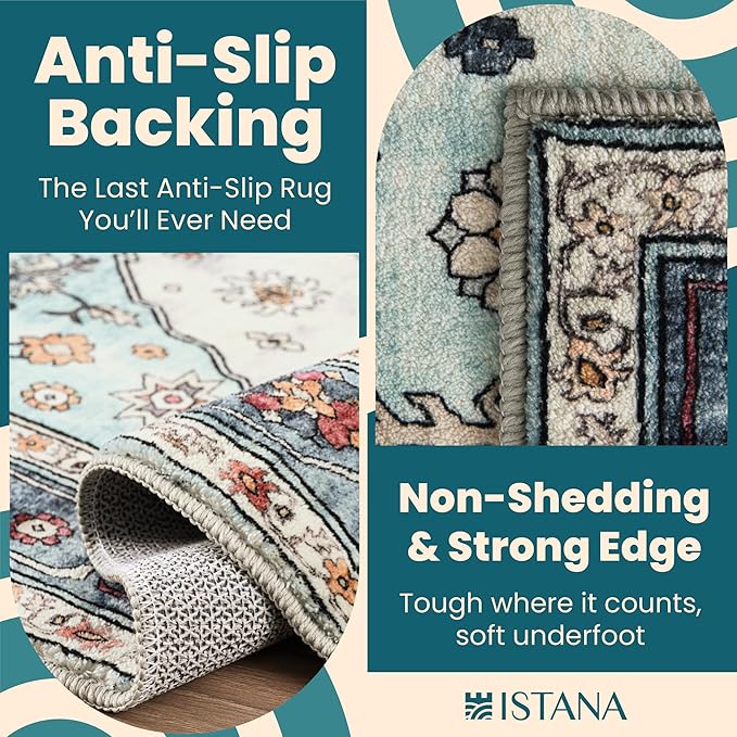 Istana Hallway Runner Rug 2x6 - White Cream/Blue Kitchen Rugs Non Slip Washable -Silk's Soft Touch Carpet Runner - Stylish Rug for Home