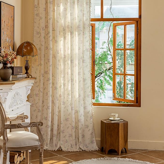 OYX Purple Boho Floral Curtains 84 Inch Length 2 Panels for Living Room, Bedroom Light Filtering Drapes, Farmhouse Country French Rustic Tassels Patterned Rod Pocket Aesthetic Decor Window Treatments