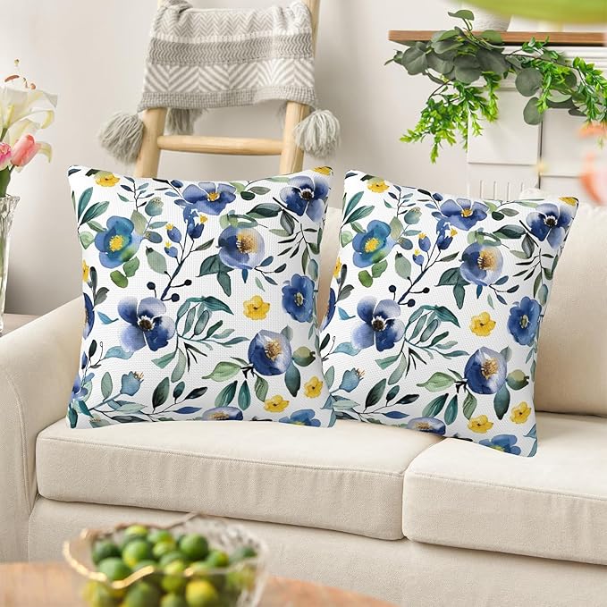 Blue and Yellow Flowers Pillow Covers 18X18 Set of 2, Watercolor Abstract Floral and Leaves Decorative Throw Pillow Covers, Pillowcase Cushion Case for Home Sofa Couch Indoor Outdoor