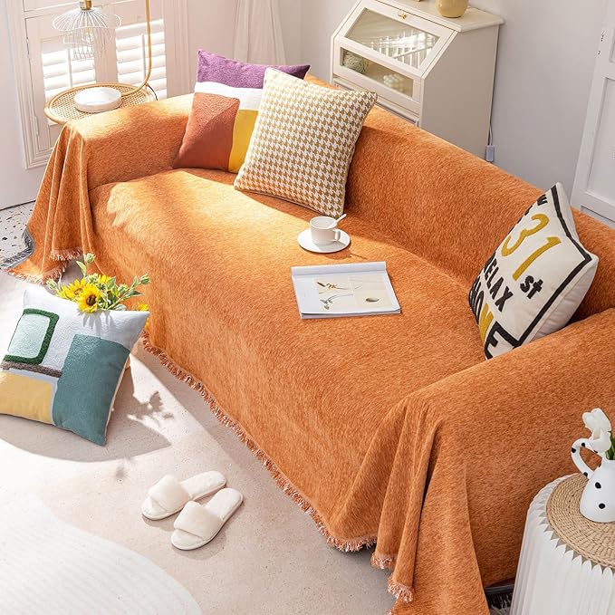 VClife Modern Orange Couch Cover, Large Chenille Sofa Cover for L Shape Couch, Breathable Washable Couch Cover for 2 Cushion Couch Sofa, Living Room Furniture Protector for Kids 71"x 118"