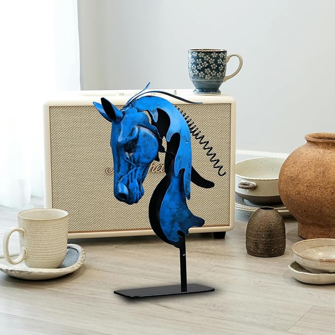 Handmade Horse Statue - Unique Rustic Decor for Office & Home - Hand-Painted Metal Sculpture - Handmade Horses Figurines Gifts for Women/Men (Blue)