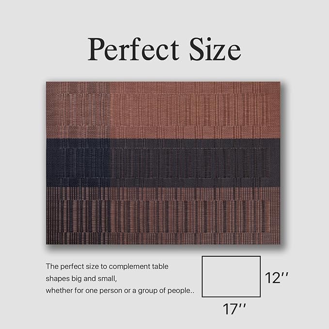 Placemats Set of 12 - Easy Clean Woven Vinyl Placemats for Dining Table, Indoor/Outdoor Place Mats, Washable PVC Table Mats (Ombre Brown Black)