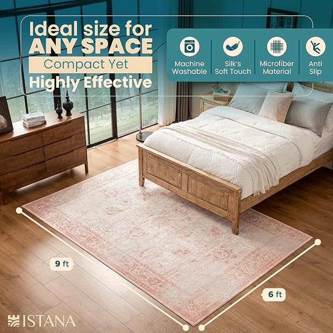 Istana 6x9 Area Rug - Pink Rugs for Living Room 6x9 - Foldable Boho Rugs for Bedroom - Stain Resistant Washable Rug - Eco-Friendly Area Rugs - Easy to Clean Living Room Rug