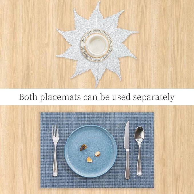 BACKTOEDEN Placemats Set of 4 Heat Resistant Washable Wipeable Placemats Woven Non-Slip Foldable Vinyl/Plastic Placemat Indoor/Outdoor Place Mats Kitchen Dining Table Mats, Silver Maple Leaf & Blue