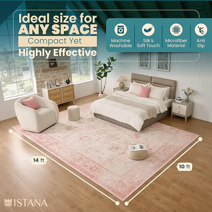 Istana Living Room Rug 10x14 - Pink 10 x 14 Area Rug - Foldable Machine Washable Area Rugs 10x14 - Stylish 10x14 Area Rugs Boho - Stain Resistant Washable Rug 10x14