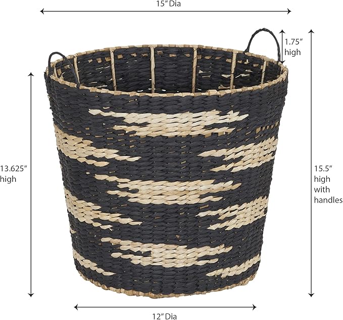 Household Essentials Large Round Woven Wicker Storage Basket with Handles | Black and Brown Geometic Design