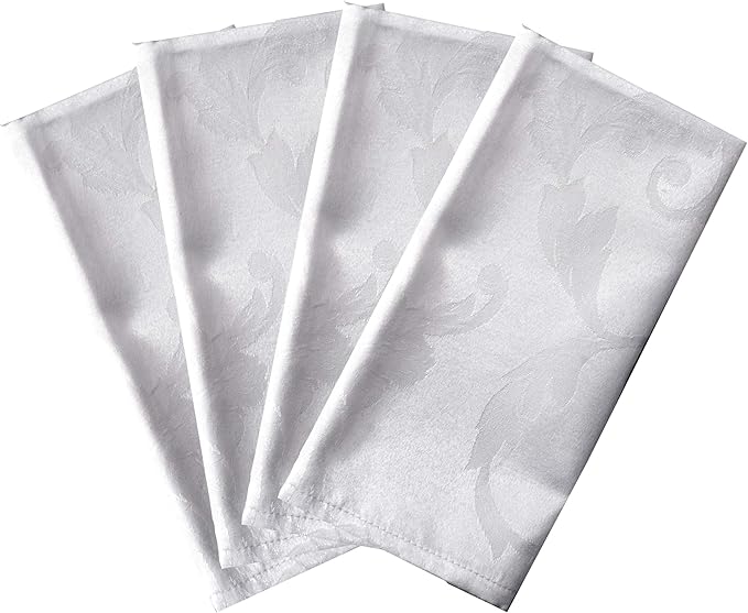 Benson Mills Harmony Scroll Woven Damask Fabric Set of 4 Napkins, Everyday, Parties, Special Occasions, Weddings and Holiday Cloth Napkin (18" x 18" Napkins, White)