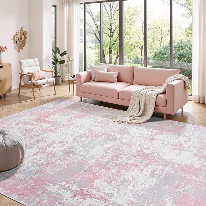 Rugflix 5x7 Area Rugs for Living Room, Washable Large Rug Stain-Resistant Low Pile, Modern Carpet for Dining Room Home Office Kid Room Nursery Bedroom, Pink Grey