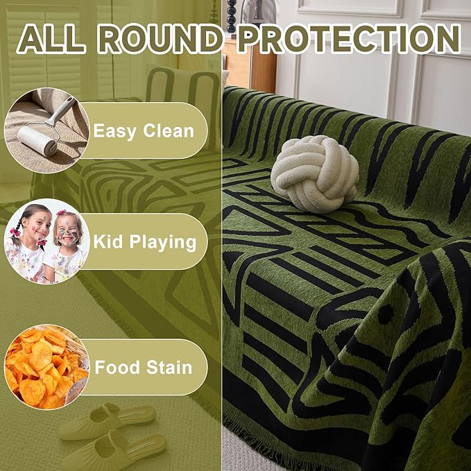 VClife Boho Couch Cover Thick Soft Chenille Sofa Covers for Sectional Couch, Bohemian Forest Green Couch Covers for 3 Cushion Couch Sofa Washable Multi-Functional Furniture Protector, 71''x150''