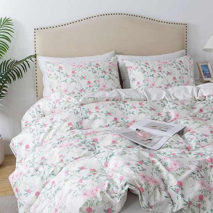 HoneiLife Duvet Dover Queen Size - 100% Cotton Comforter Cover, Breathable Bedlinen for Set for Queen Beds, 3-PC Wildflower Comforter Cover Sets, Fuchsiaโ