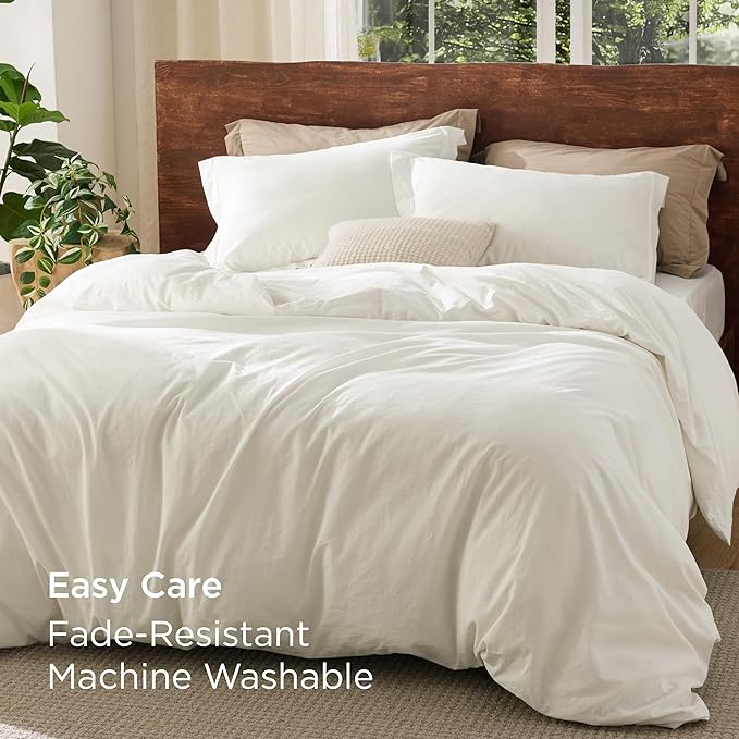 Bedsure 100% Washed Cotton Duvet Cover King Size - Ivory Minimalist Cotton Duvet Cover Linen Like for All Seasons - GentleSoft™ Plain Simple Bedding, 3 Pieces (Ivory, King, 104"x90")