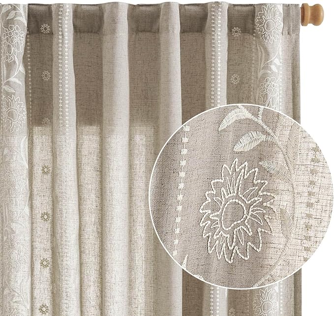 jinchan Winslow Linen Curtains for Bedroom 96 Inches Length Embroidered Bordered Floral Curtains for Living Room Farmhouse Decor Light Filtering Window Treatments Ivory on Taupe Drapes 2 Panels