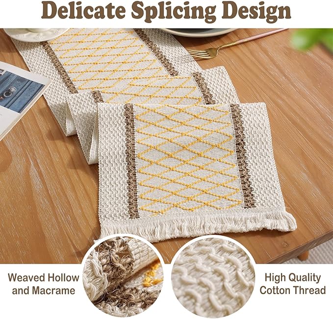 Boho Burlap Macrame Table Runner, Farmhouse Style Cotton Linen Rustic Woven Table Runner with Tassels for Dining, Wedding, Bridal Shower, Bohemian (12x72 inch, Yellow Grid)