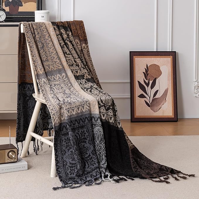 Boho Throw Blanket, Chenille Jacquard Tassels Throw Blankets for Bed Couch Soft Chair, Bohemian Fringe Tassels (Black, Large 86 * 102Inches)