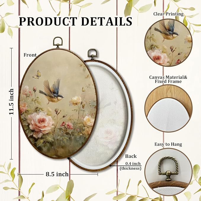 JQF Vintage Floral Bird Oval Wall Art, Rustic Cottagecore Rose Floral Sparrow Oval Canvas Wall Art, Retro Flower Bird Framed Prints Hanging Decor for Home Bedroom Living Room, 8.5x11.5 Inch