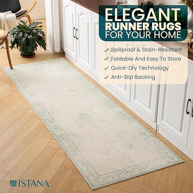 Istana Hallway Runner Rug 2.5x8 - Green Kitchen Rugs Non Slip Washable -Silk's Soft Touch Carpet Runner - Stylish Rugs for Home