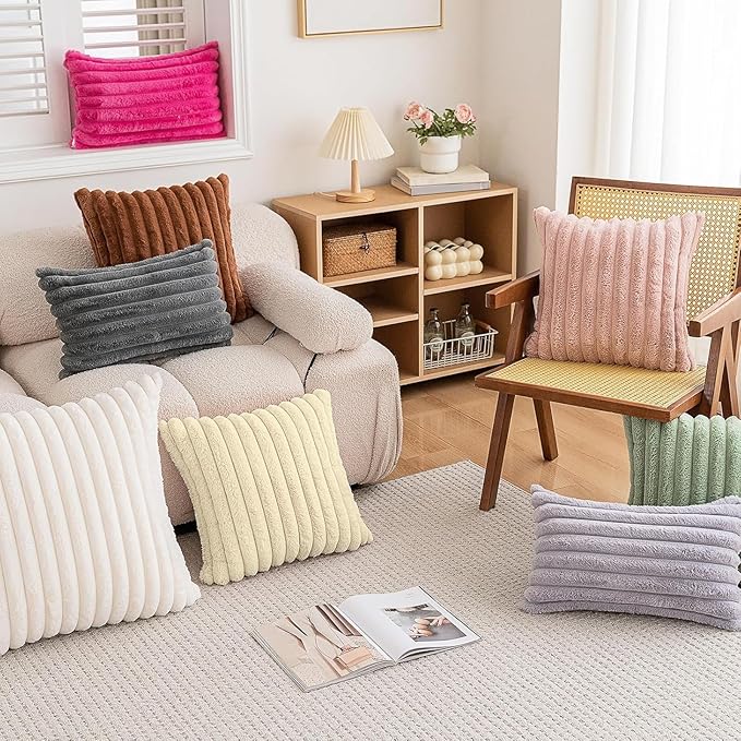 Double-Sided Faux Fur Plush Throw Pillow Covers 20x20 Set of 2 Fuzzy Striped Soft Cozy Pillowcase Luxury Decorative Pillows Square Shaggy Cushion Covers for Couch Sofa Bed,Beige