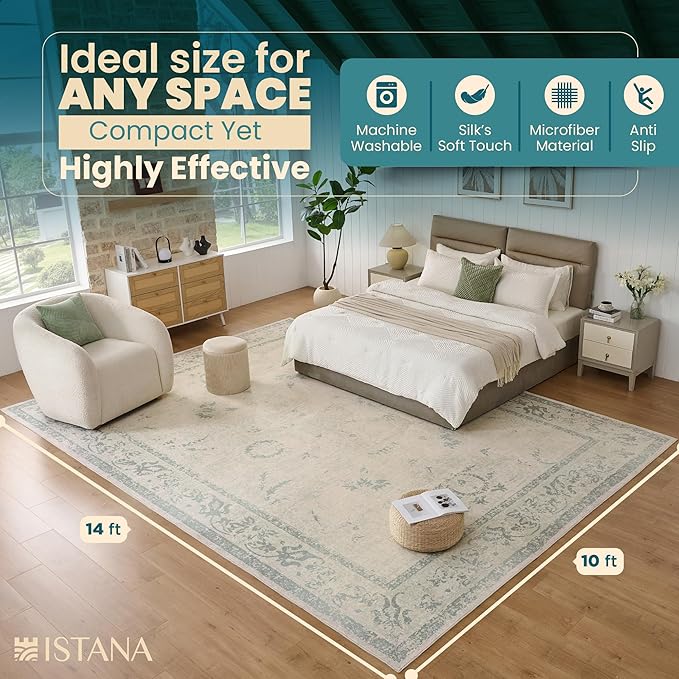 Istana Living Room Rug 10x14 - Green 10 x 14 Area Rug - Foldable Machine Washable Area Rugs 10x14 - Stylish 10x14 Area Rugs Boho - Stain Resistant Washable Rug 10x14