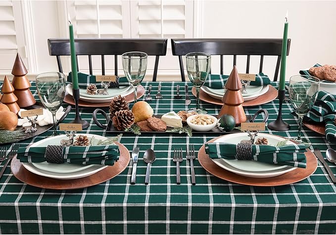 Solino Home Linen Tablecloth 52 x 52 Inch - 100% Pure Linen Windowpane Dark Green Square Tablecloth - Machine Washable Table Throw for Christmas, Holiday, Xmas, Winter