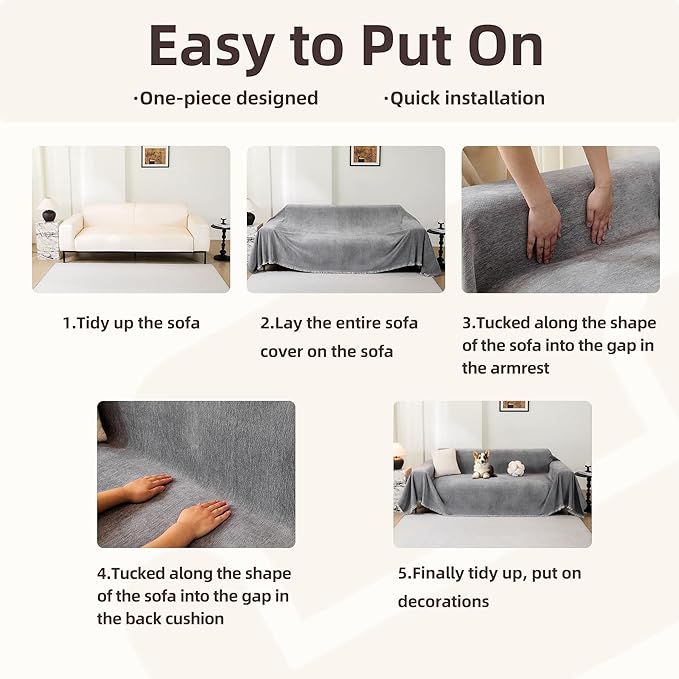 Couch Cover for 2-3 Cushion Couch, Non Slip Slipcover Chenille Couch Covers for Sectional Sofa, Sofa Covers Washable, Sofa Furniture Protector for Pets and Kids, 71''x118'', Dark Grey