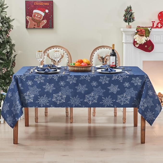 Rectangle Fancy Metallic Sparkling Snowflake Christmas Fabric Table Cloth red Hunter Gold Navy White Silver No-Iron Soil Resistant Woven Holiday Table Cover(Navy Silver/52x70Inch)