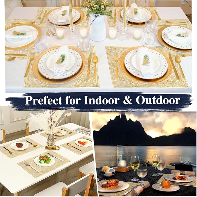 FAVE Gold Metallic Placemats Set of 4 Heat Resistant Vinyl Placemats Wipeable & Washable Table Mats Set of 4 Fall Placemats for Dining Tables Party Holiday Daily Home Decoration(P-Rectangle Leaf)