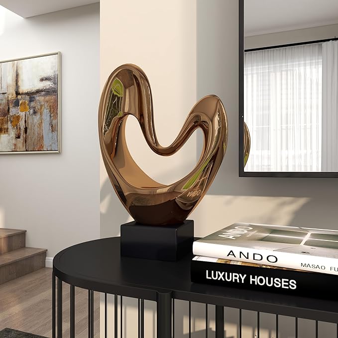 Deco 79 Polystone Abstract Decorative Sculpture Heart Home Decor Statue with Black Base, Accent Figurine 10" x 5" x 14", Copper