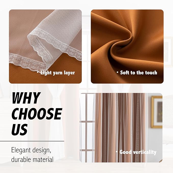 Anytime Home Curtains Blackout and Sheer Layered Solid Window Curtain Panel Pair with Grommet Top, 52Wx63L,Orange