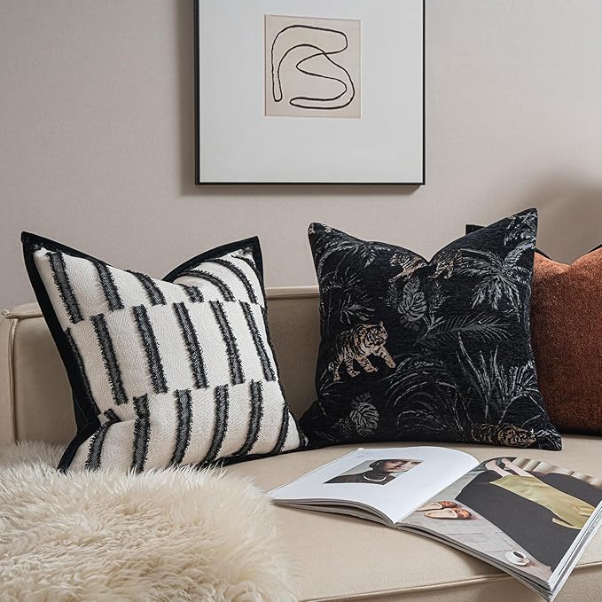 New 22x22'' inches Throw Pillow Cushion Covers - Black Color with Chenille Jacquard Embroidery Golden Tiger Luxury Modern Style Couch Sofa Bed Pillow Cover for Living Room Bedroom