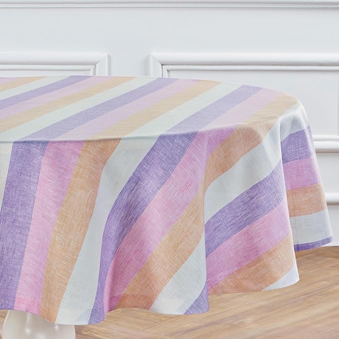 Solino Home Linen 60 Inch Round Tablecloth - 100% Pure Linen Multicolor Gelato Stripe Round Tablecloth - Machine Washable Table Cloth