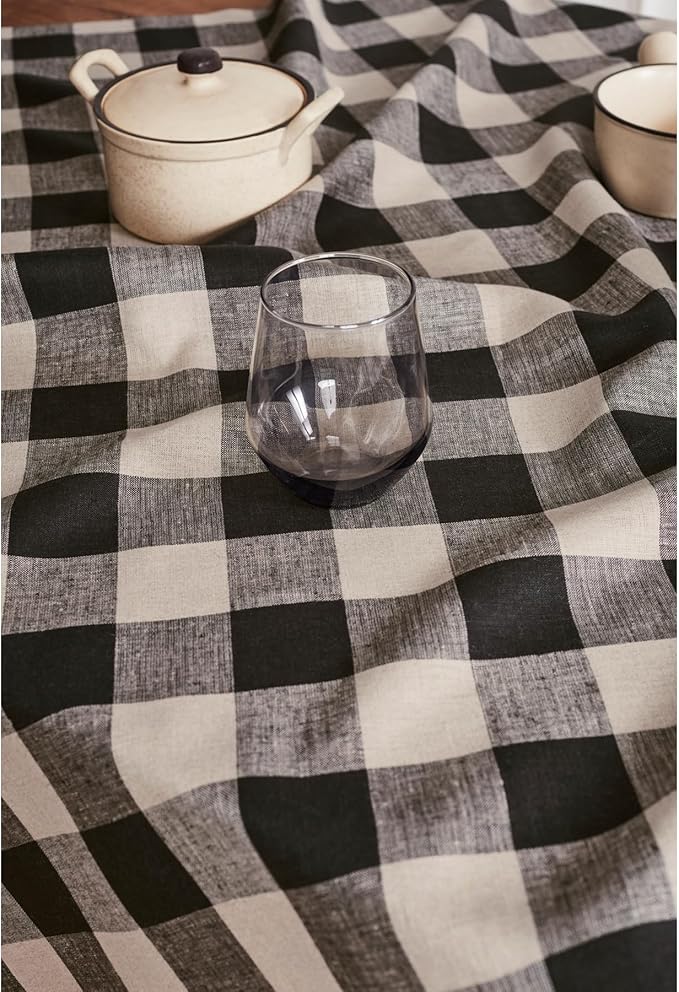 Solino Home Linen Checkered Tablecloth 52 x 52 Inch - 100% Pure Linen Natural and Black Buffalo Plaid Square Tablecloth - Machine Washable Table Throw for Fall, Autumn, Thanksgiving