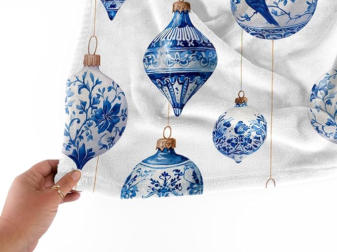 Blue Porcelain Christmas Ornament Blanket, Elegant Holiday Fleece Throw, Chinoiserie-Inspired Winter Home Dรฉcor