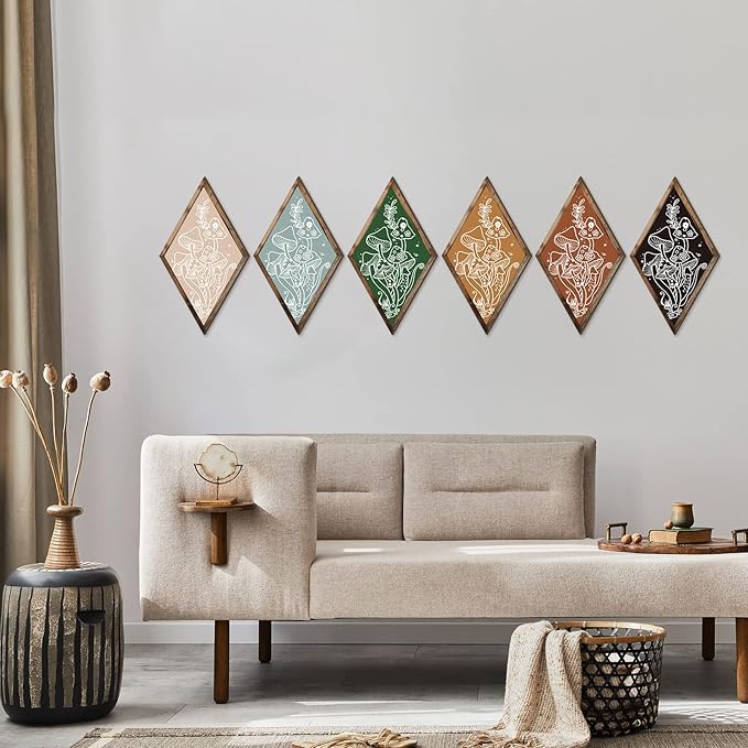 Nuenen 6 Pcs Farmhouse Home Wall Decor Western Geometric Diamond Frame Wall Hanging Boho Modern Abstract Art Prints Wooden Diamond Sign Decorations for Bedroom Living Room Bathroom(Mushroom)