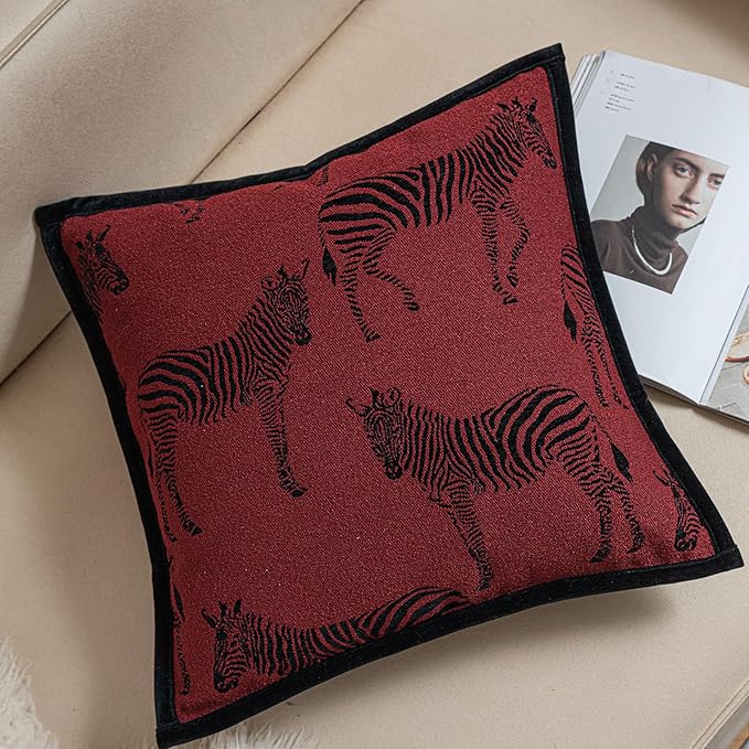 New 22x22'' inches Throw Pillow Cushion Covers - Zebra Pattern Red Color Chenille Jacquard Embroidery Luxury Modern Style Couch Sofa Bed Pillow Cover for Living Room Bedroom