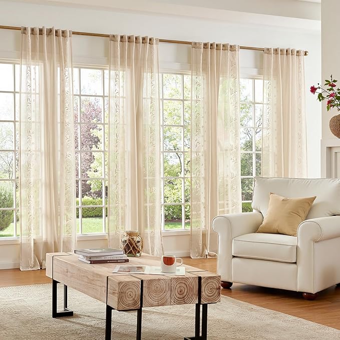 jinchan Winslow Sheer Curtains 96 Inch for Bedroom Living Room Embroidered Bordered Floral Nursery Curtains for Playroom Light Filtering, Ivory on Beige, 2 Panels, 50W x 96L