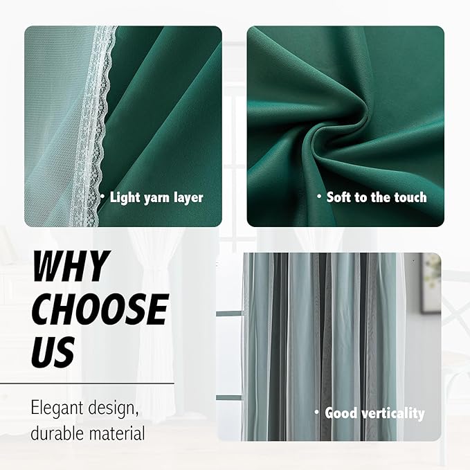 Anytime Home Curtains Blackout and Sheer Layered Solid Window Curtain Panel Pair with Grommet Top, 52Wx84L,Dark Green
