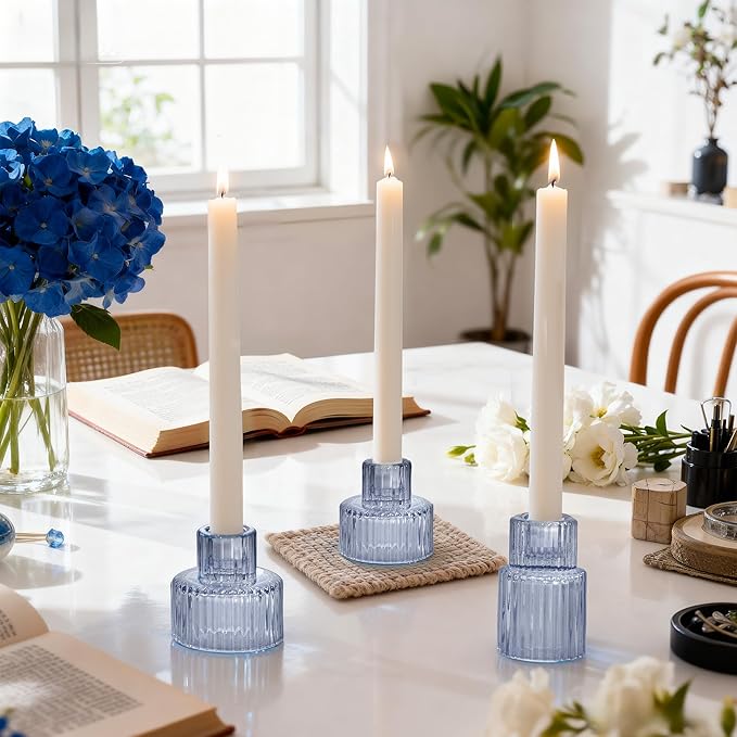 WELLIFE Blue Glass Candle Holder, 3 Pcs Tapered Candlestick Holders, Blue Glass Candlestick Holder for Table Centerpieces, Wedding Decor & Dinner Party