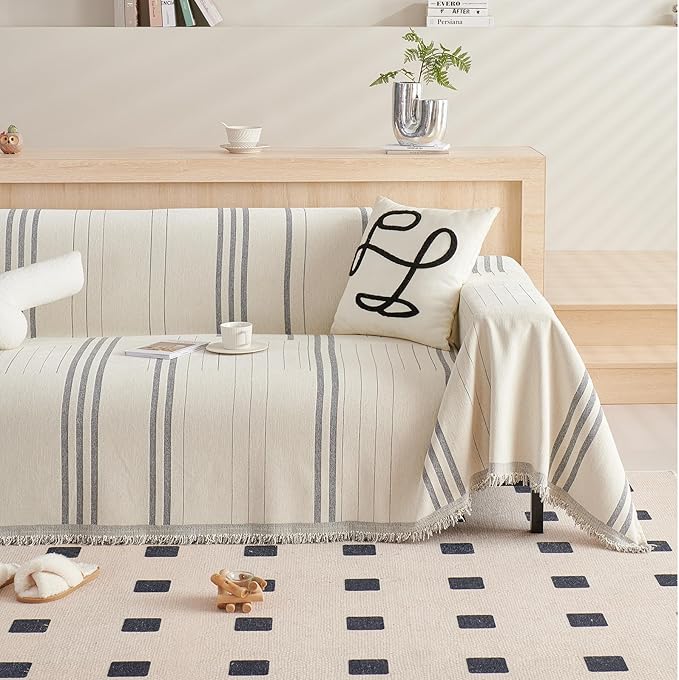 DREAMINGO Armchair Cover Washable Chenille Sofa Protector for Pet Kids Beige Grey Chair Couch Covers for 1 Cushion Couch Stripe Jacquard Versatile Sofa Throw Slipcover for Futon Couch, 71"x91"