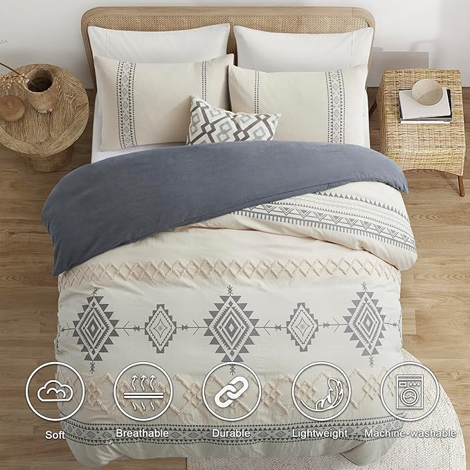 Oli Anderson Boho Duvet Cover Set Twin Size, Beige and Gray Color Clash 2 Pieces Microfiber Bedding Set, Durable and Super Soft Duvet Covers with Zipper and Ties, 68"*90"