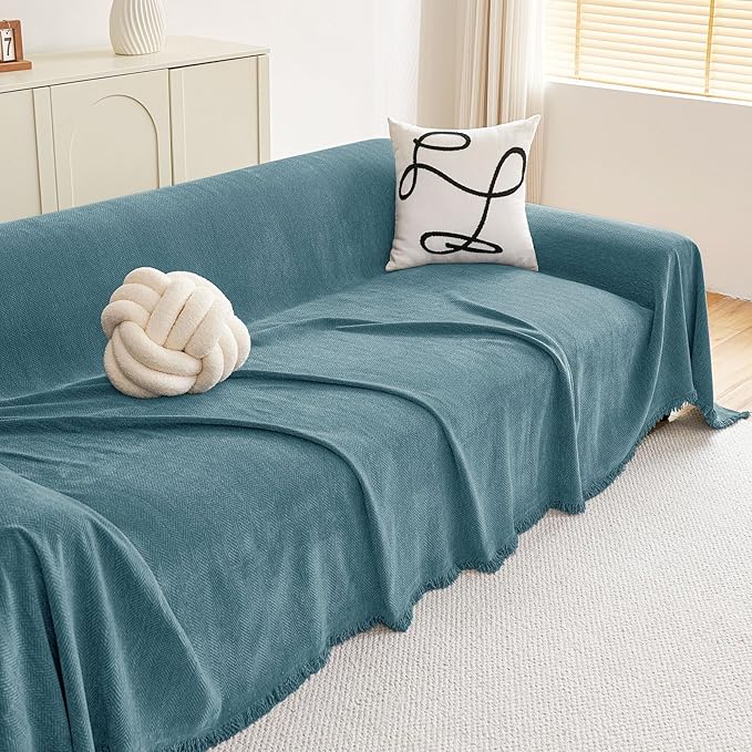 hyha Couch Cover for Dogs, Boho Sofa Covers for 3 Cushion Couch Washable, Chenille Sofa Slipcover for Pets, Soft Loveseat Sectional Couch Throw Blankets with Tassels (Blue, 88.5x118 Inch)