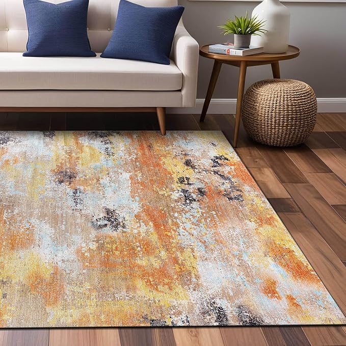 Non Slip Rugs 5x7 Modern Abstract Easy Silk Rubber Backing Soft Area Rug for Living Room Easy to Clean Non Shedding Kitchen for Bedroom Indoor Carpet (Orange - Brown, 5x7)