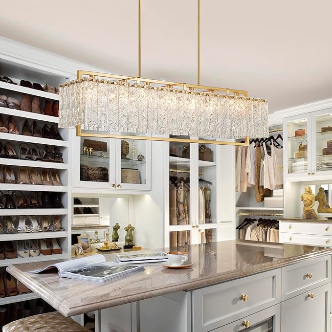 Shrine Lighting Gold Glass Chandeliers, Modern Design, Rectangular Chandelier for Living Space, L39.1'' × W10.2'' × H19.5'', Adjustable 50.8'', 7 x E12 Sockets, Glass LampShade & Brass Finish Frame
