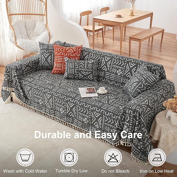 VClife Couch Cover Japanese Style Sofa Cover with Tassel, Soft Chenille Boho Couch Covers Sofa Covers Washable White Black Furniture Cover for Living Room 71''x134''