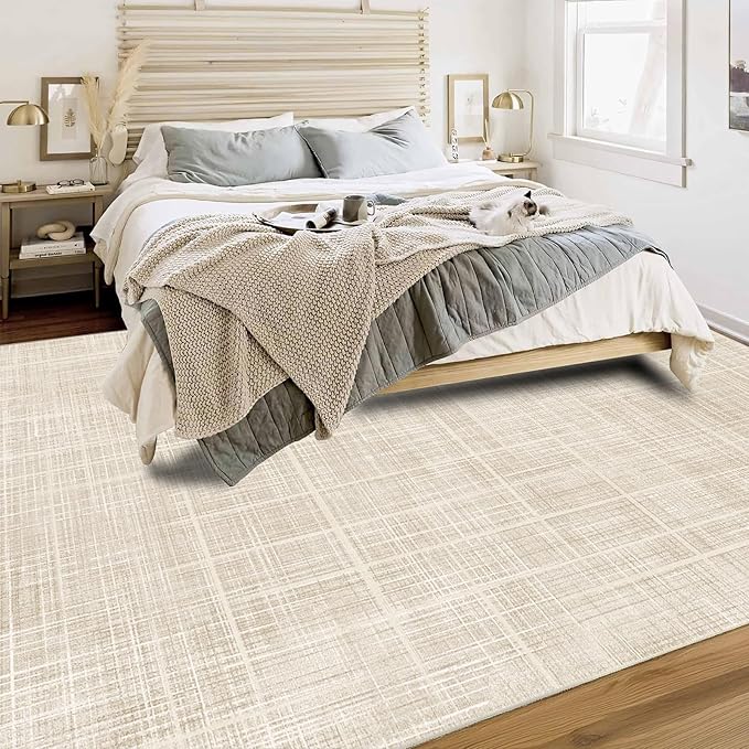 Enkor Area Rugs 6x9 Washable Non Slip Abstract Soft Rugs for Living Room Bedroom, Modern Mat for Kitchen Entryway Beige Grid