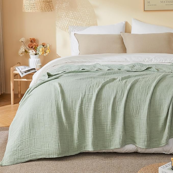 EMME Cotton Muslin King Blanket Bed Layering Bedspread Coverlet Breathable Gauze Soft Lightweight (Heather Sage Green, 108"x90")