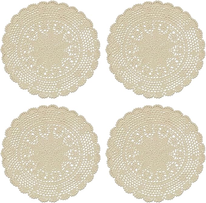 PHANTOMON Crochet Doilies Handmade Round Cotton Lace Table Placemats Knitted Tablecloth, Star Pattern Rippled Edge, Pack of 4 (12 Inch, Beige)