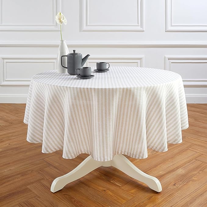 Solino Home Linen 60 Inch Round Tablecloth - Amalfi Stripe, 100% Pure Linen Natural and White Round Tablecloth - Machine Washable Table Cloth for Fall, Autumn, Thanksgiving, Christmas